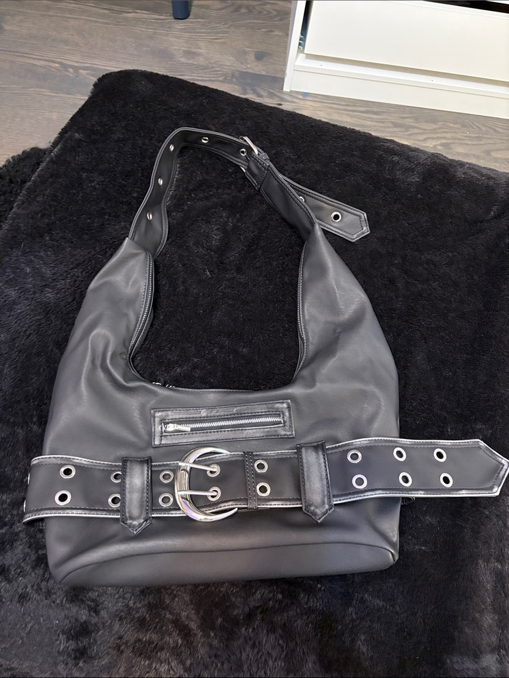Black Leather Hobo Bag with Wide Grommet Belt Strap